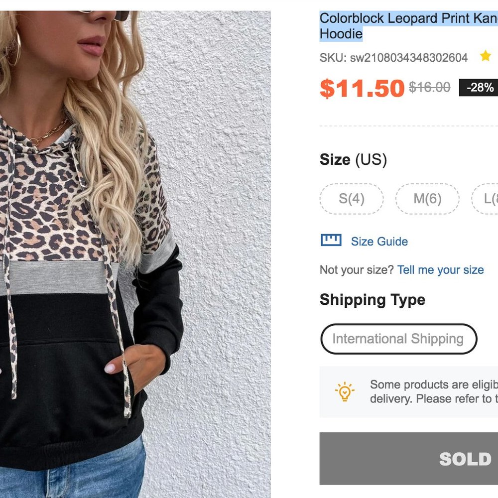 Colorblock Leopard Print Kangaroo Pocket Drawstring Hoodie size S